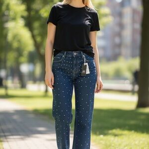 GOGO Wide Leg Jeans with Rhinestones